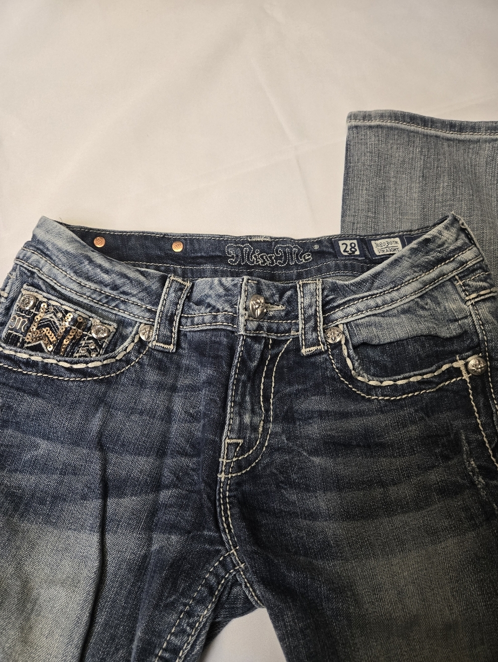 Miss Me Womens Size 28 Denim Straight Jeans Embellished Rhinestones Y2k Light - Picture 6 of 8